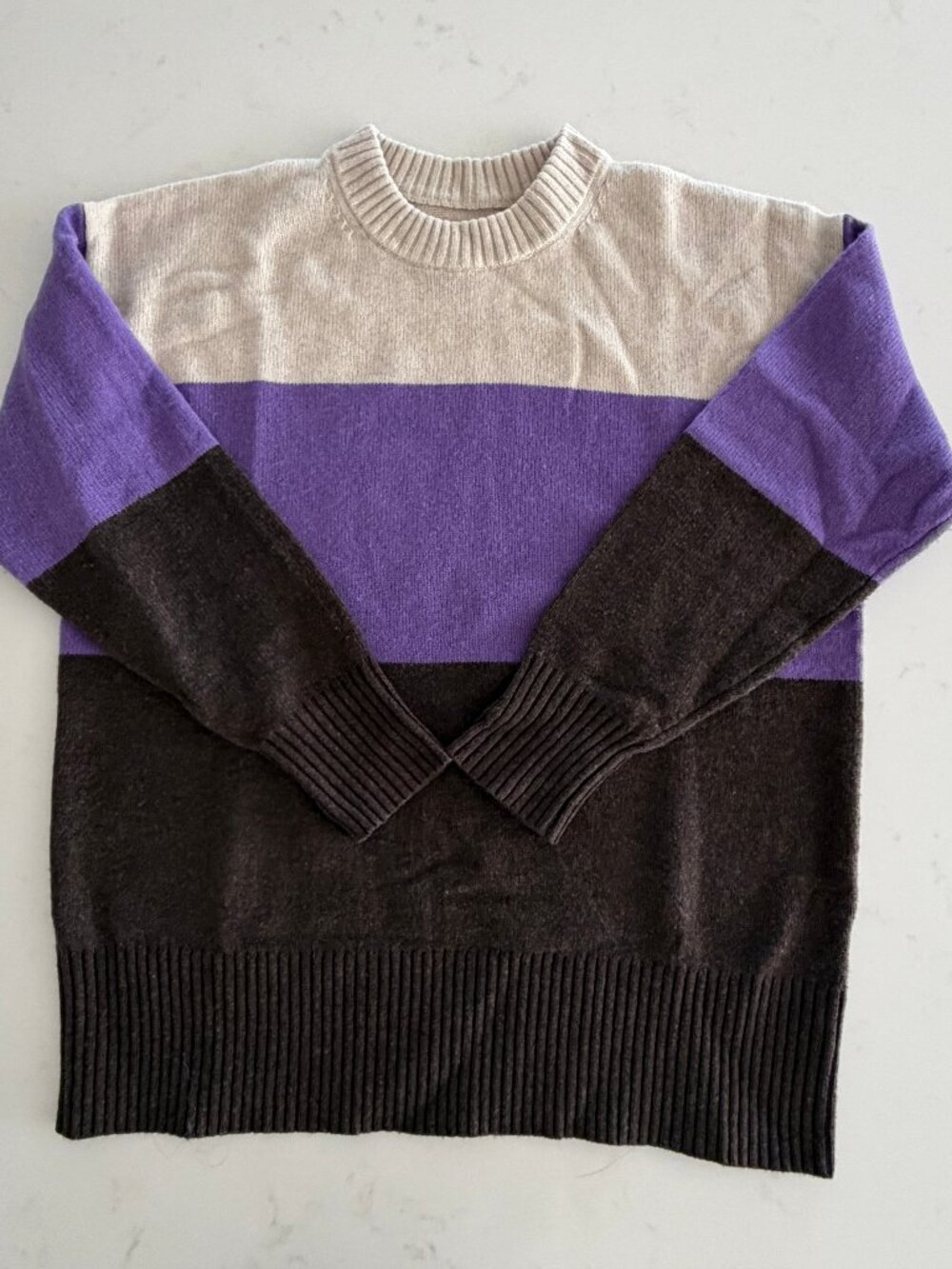 FRANK & OAK Colorblock Crewneck Sweater in Cream, Purple, Brown